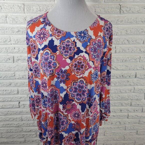 Ruby Rd Womens Top 2X Plus Tunic 3/4 Sleeve Pink Blue Geometric GEO206XE - Picture 3 of 9